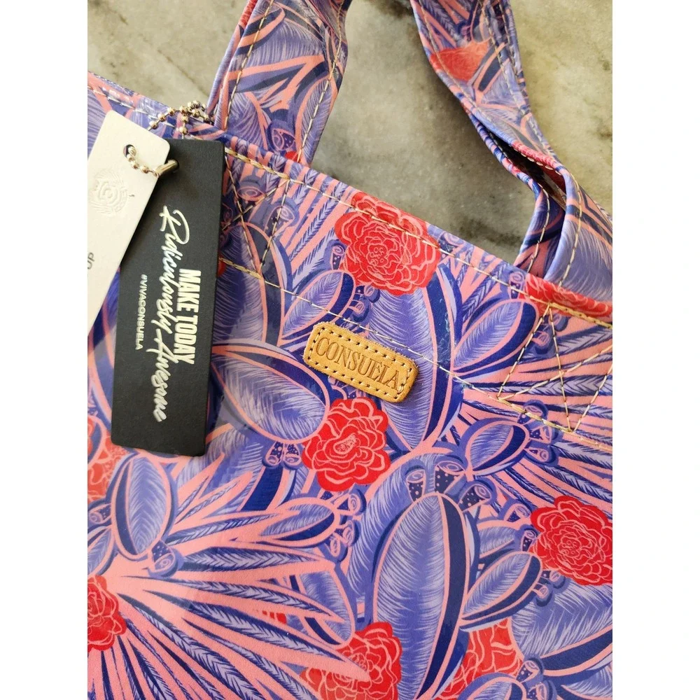 Consuela Grab & Go Mini Tote Bag Purple Floral Cactus Print Coated Canvas NWT